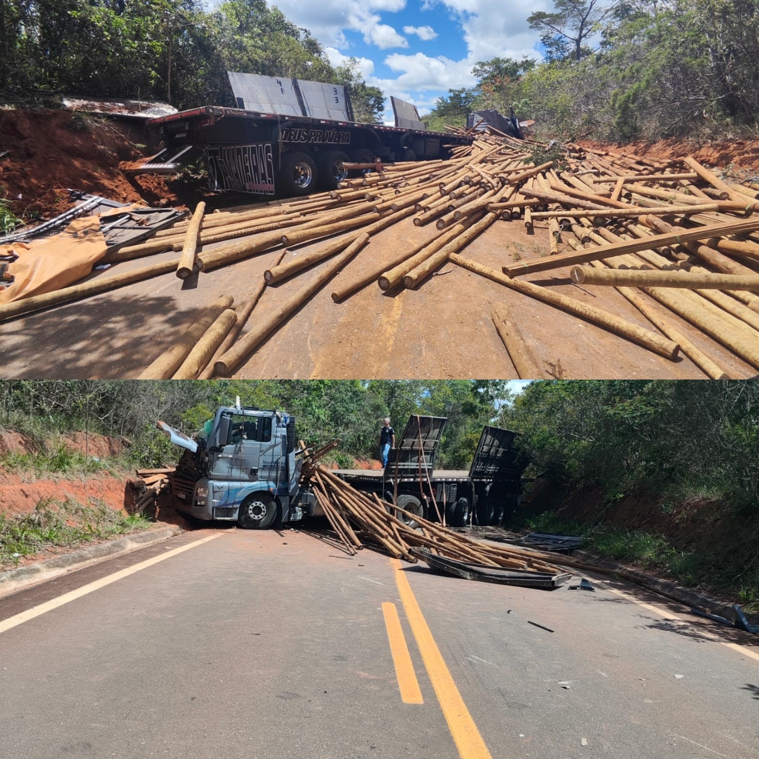 Mulher morre após acidente com caminhão carregado de madeira na LMG-677, em Turmalina