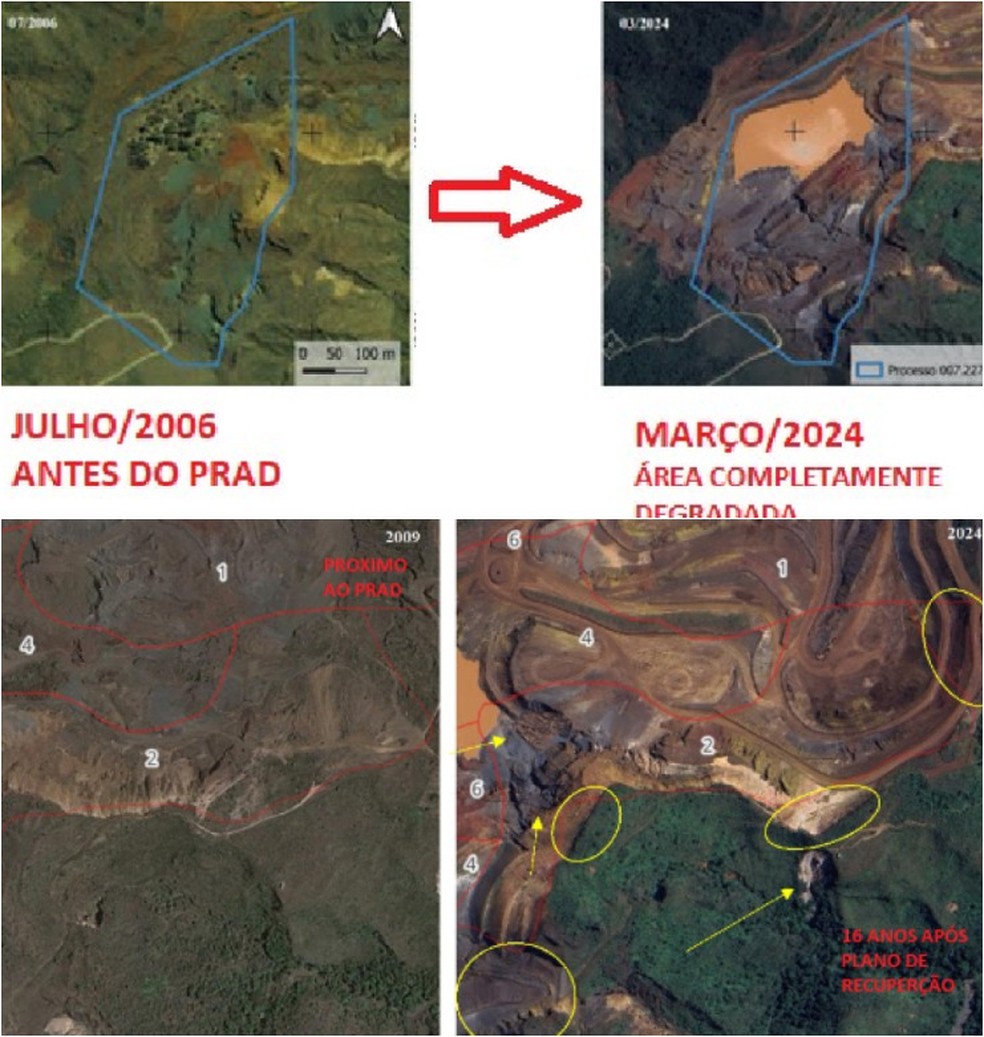 Antes e depois de pontos da Serra do Curral, destacados pelo inquérito. — Foto: Reprodução