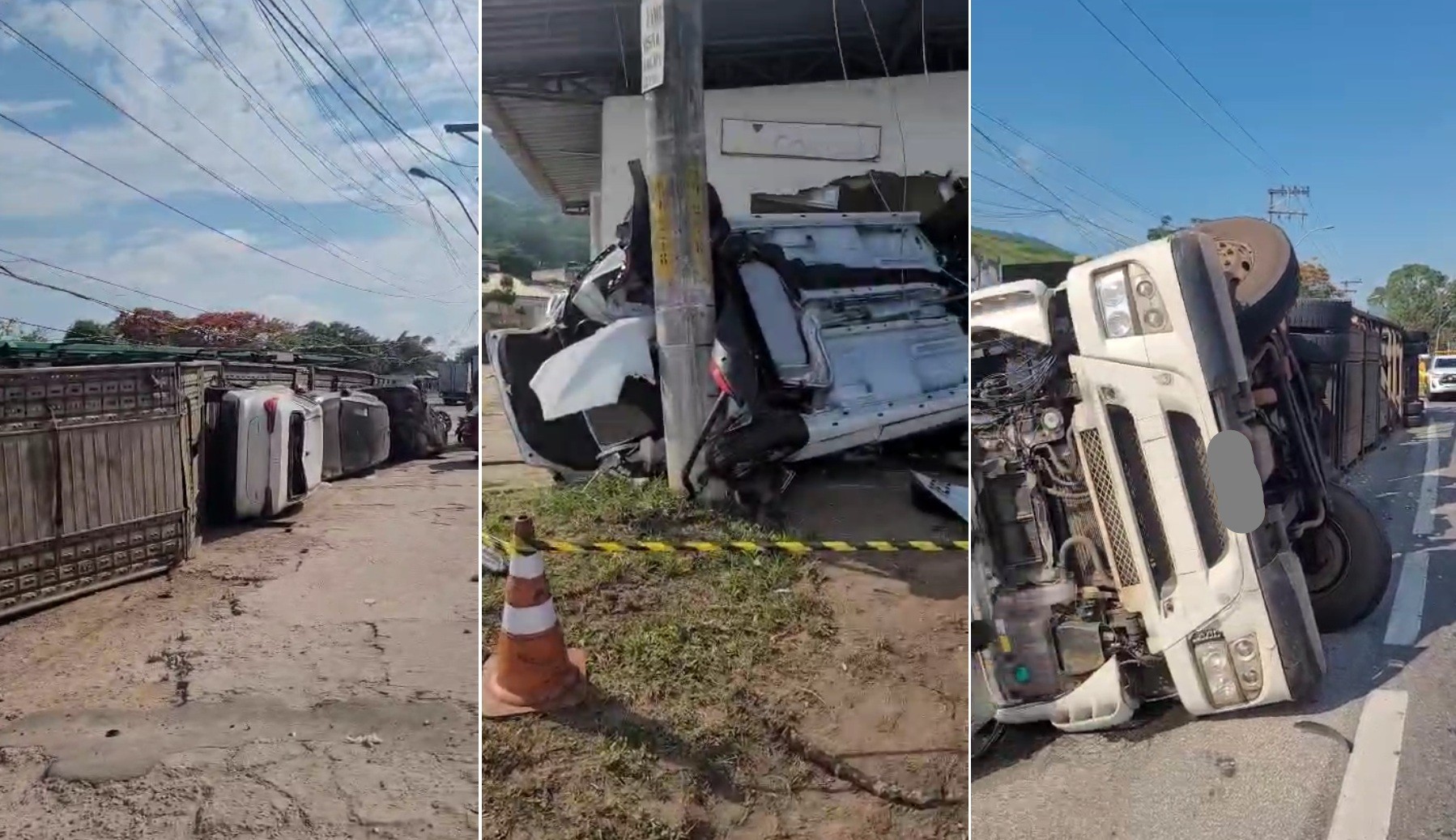Caminhão-cegonha tomba e deixa quatro pedestres feridos na ViaLagos