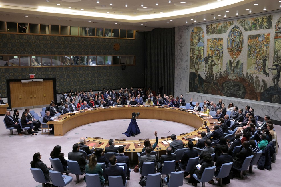 Reunião do Conselho de Segurança das Nações Unidas sobre o conflito entre Israel e o Hamas, em 16 de outubro — Foto: REUTERS/Andrew Kelly