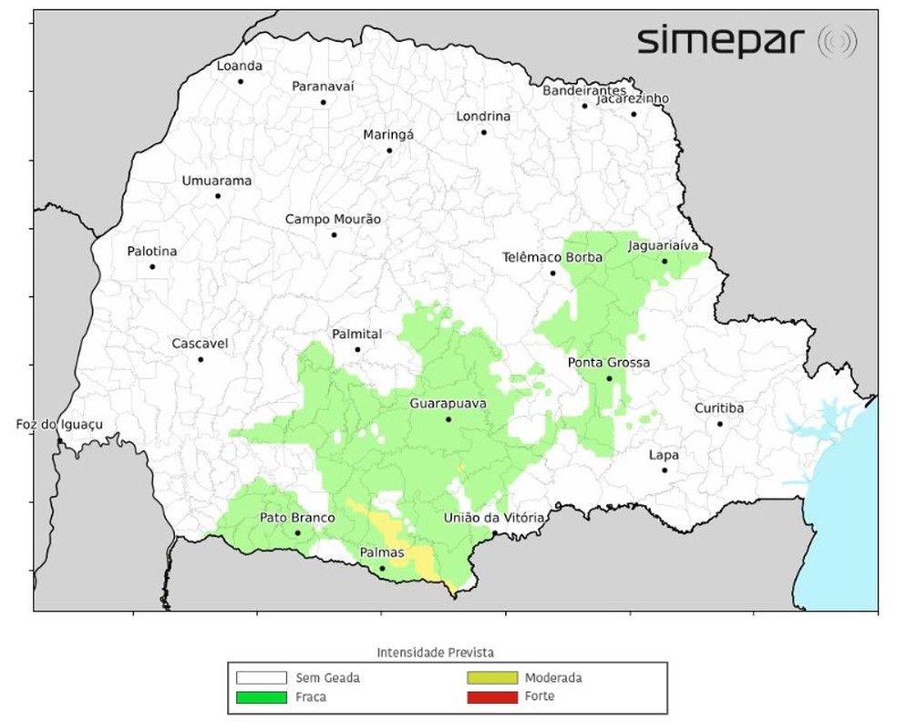 Alerta de geadas para terça-feira (14) — Foto: Reprodução/Simepar