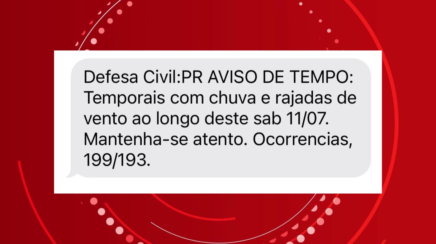 Mensagem da Defesa Civil avisa sobre temporal com rajadas de vento no Paraná; veja previsão
