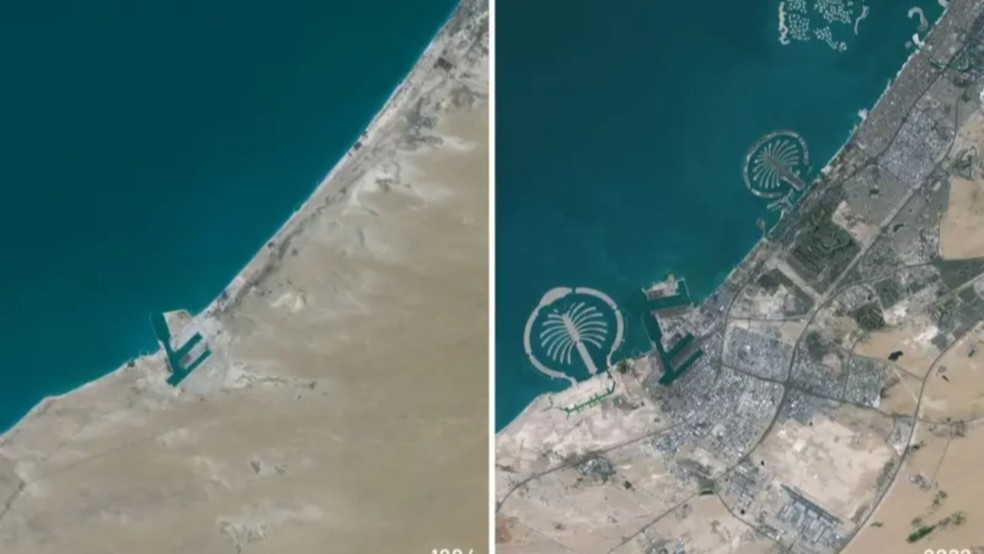 Dubai em 1984 e em 2022 — em menos de 40 anos, transformação foi brutal — Foto: Getty Images