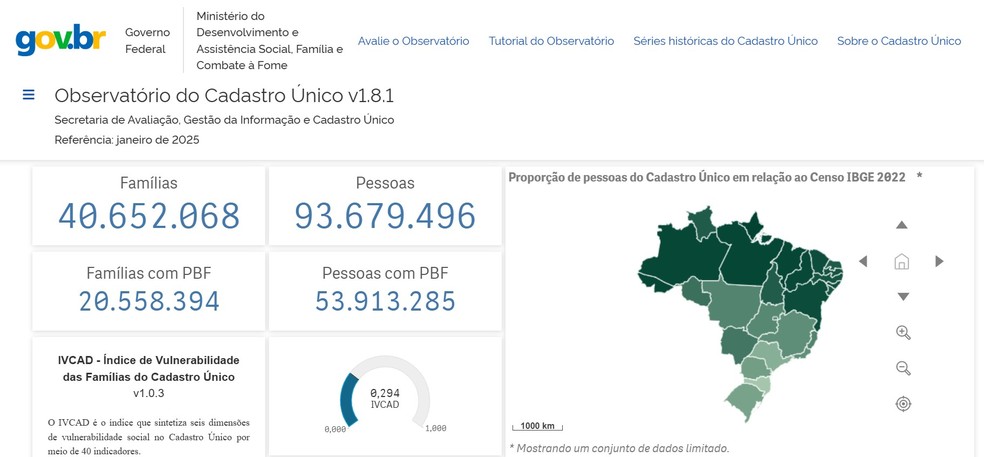 Observatório do Cadastro Único (dados de 21/02/2025) — Foto: Reprodução de site oficial do governo