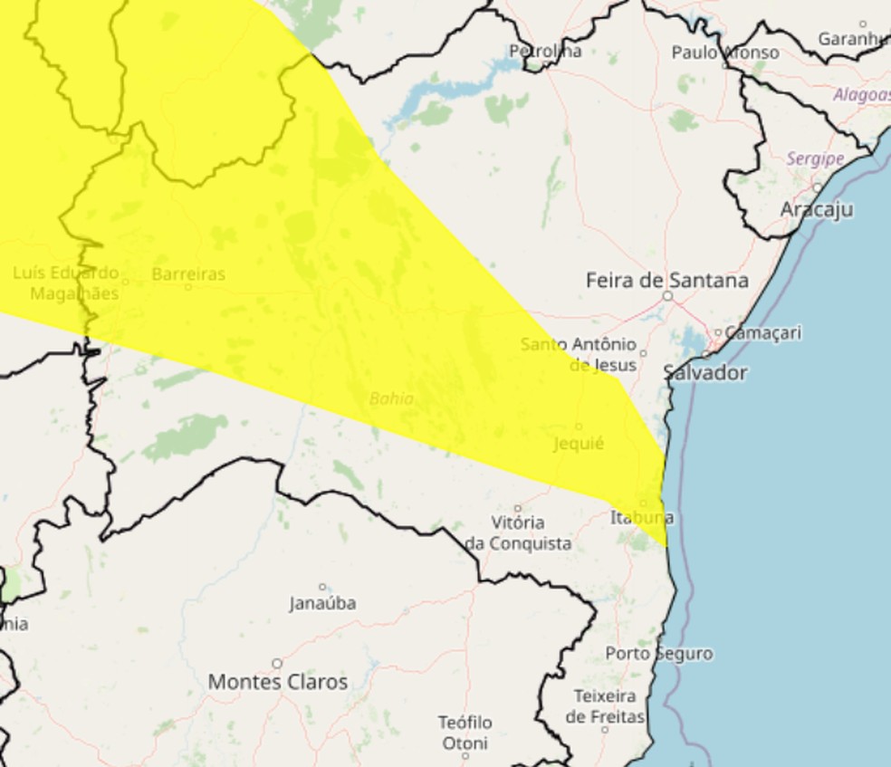Outras cidades da Bahia também estão com previsão de chuvas intensas, mas com alerta amarelo, que significa perigo potencial — Foto: Inmet