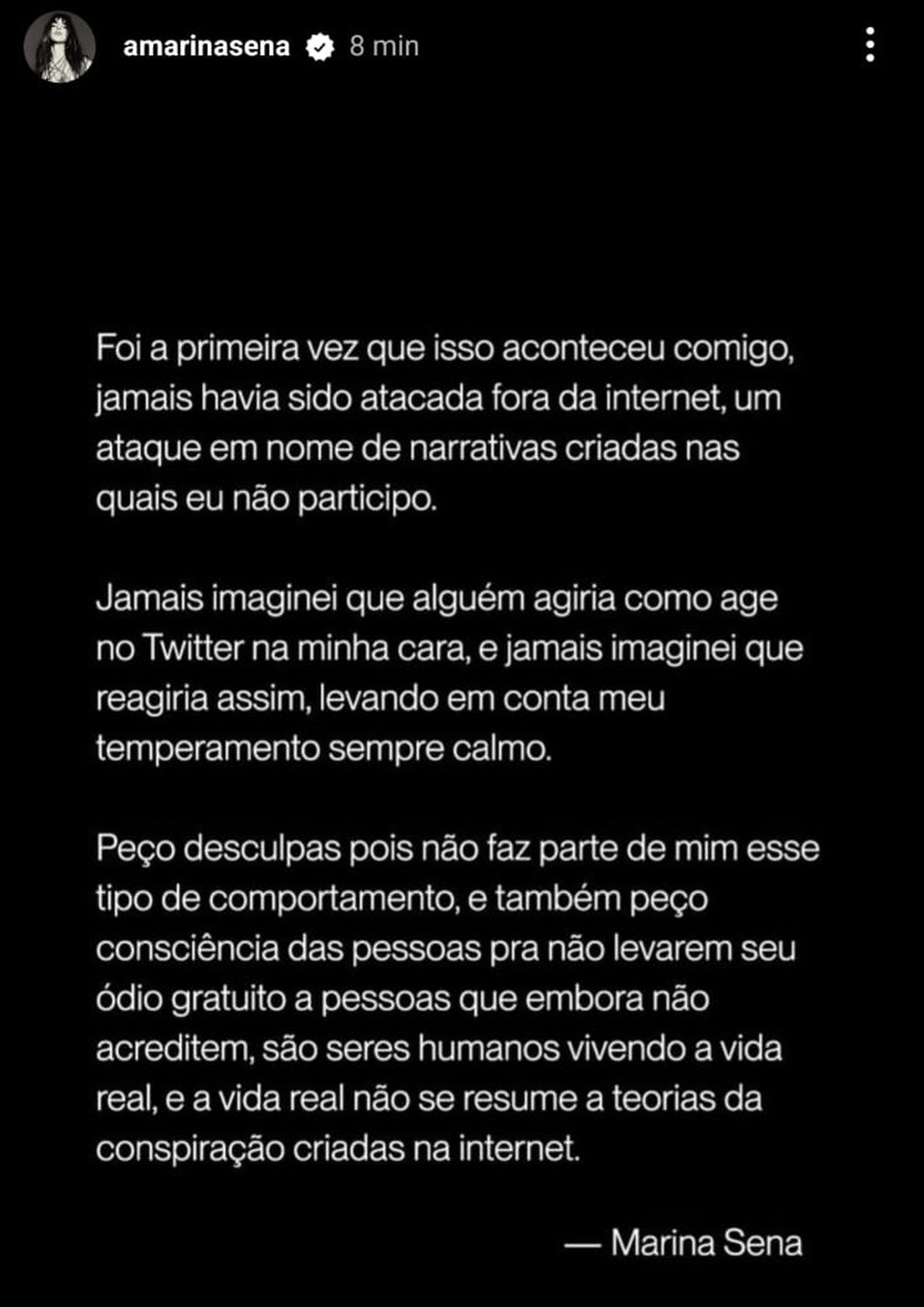 Marina Sena se manifesta após reagir a provocação sobre ex de namorado — Foto: Reprodução/Instagram