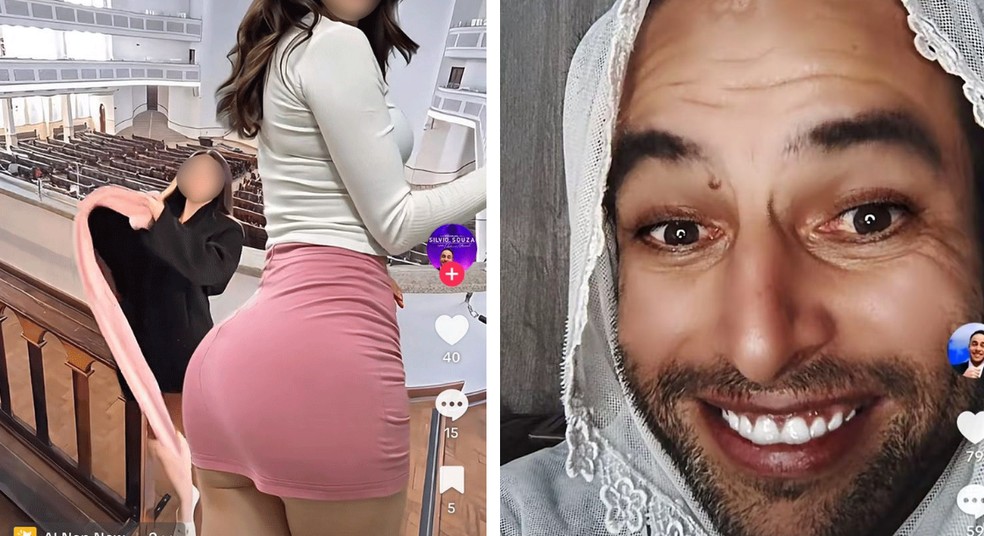 Jovem evangélica, de roupa preta, teve foto manipulada por IA para aparecer dançando num vídeo ao lado de uma para aparecer dançando num vídeo ao lado de mulher com minissaia inserida por IA. Influenciador digital Jefferson Souza (à esquerda) é investigado pela polícia — Foto: Reprodução/Redes sociais