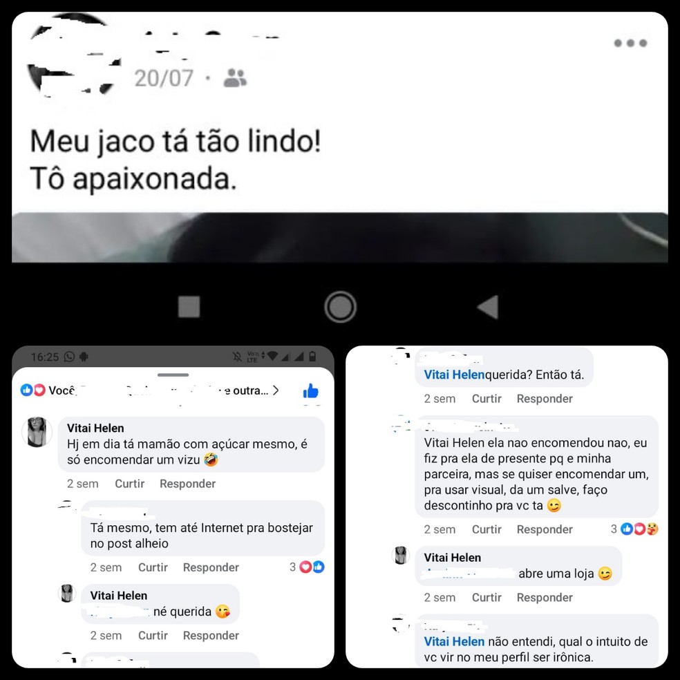 Segundo a família de Helen Vitai, essa é sequência da conversa pelo Facebook entre a suspeita e a vítima antes do crime. Parentes acham que essa divergência por causa de uma roupa motivou as agressões — Foto: Reprodução/Facebook