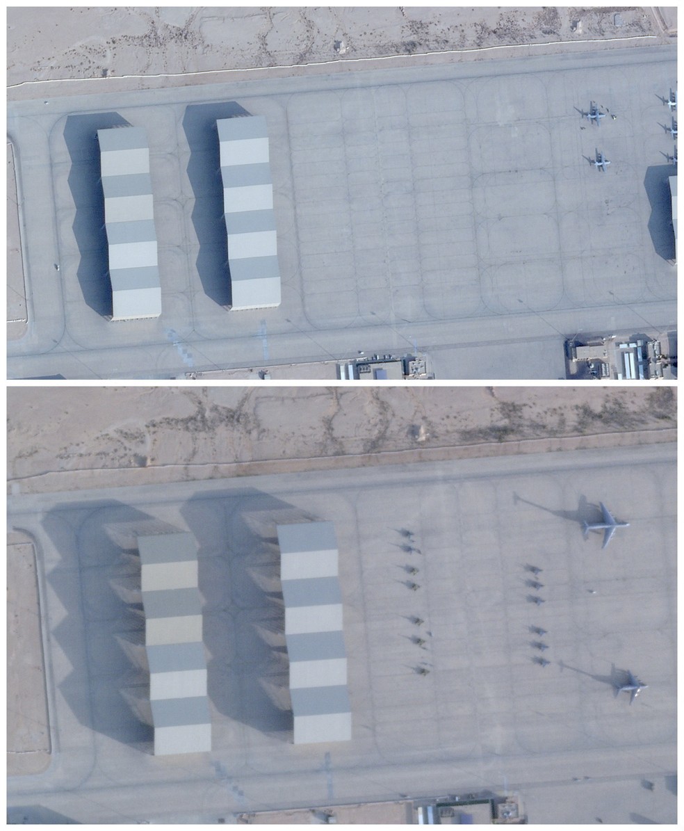 Uma combinação de imagens de satélite mostra um aumento no número de aeronaves na base aérea Príncipe Sultan em Al-Kharj, Arábia Saudita, comparando 6 de dezembro de 2025 e 2 de fevereiro de 2026 — Foto: PLANET LABS PBC/Handout via REUTERS