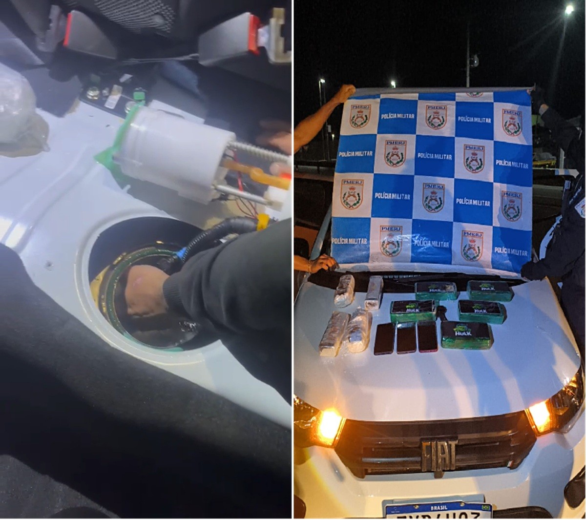 Nove quilos de drogas são encontrados em tanque de combustível de carro; casal é preso em São Pedro da Aldeia