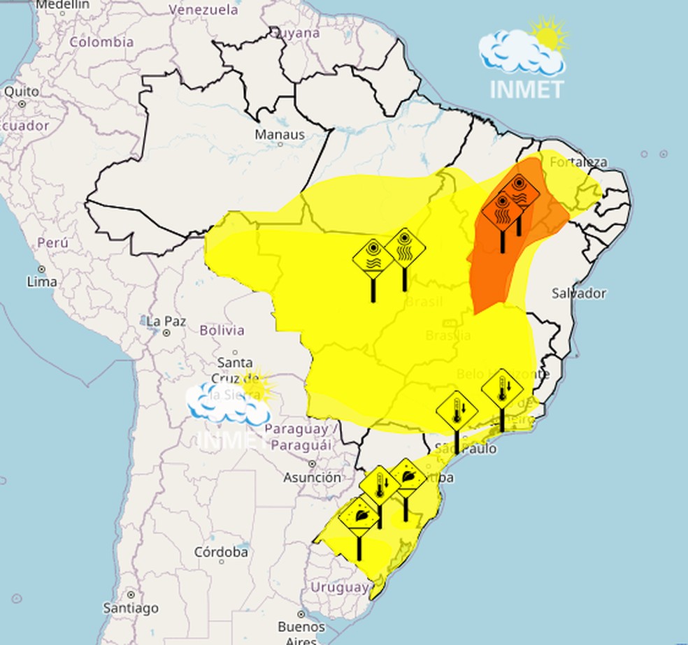 Alerta amarelo para baixa temperatura no Rio de Janeiro, São Paulo, Rio Grande do Sul e Santa Catarina. — Foto: Reprodução/INMET