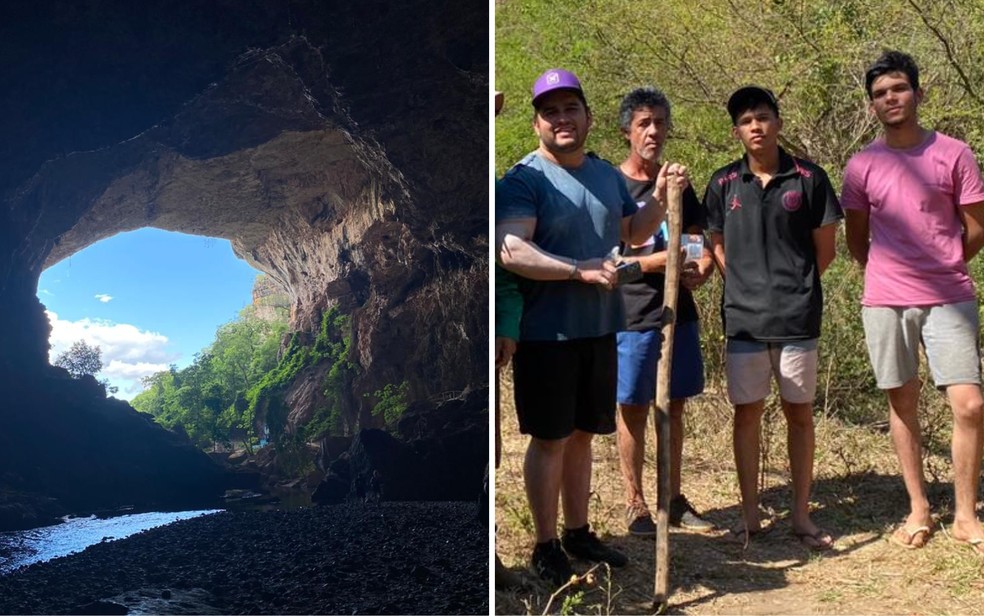 Caverna Terra Ronca 1 e turistas que sumiram após entrarem no local, em Posse — Foto: Clenon Ferreira/O Popular e Divulgação/Corpo de Bombeiros