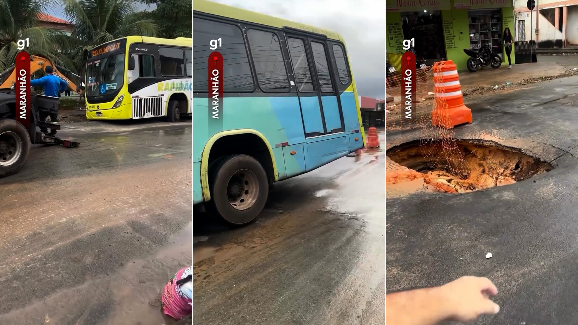 Dois ônibus ficam presos após asfalto ceder no Jardim América, em São Luís