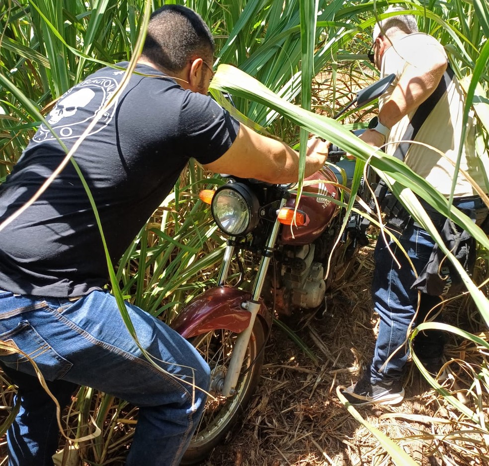 Motocicleta, que foi utilizada pelo suspeito na fuga, foi encontrada em um canavial — Foto: Polícia Civil