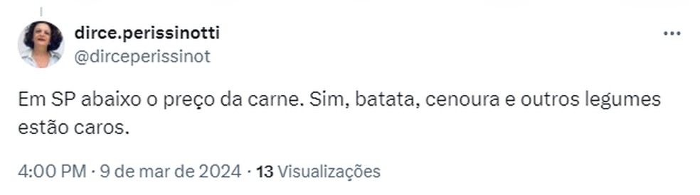 Usuária da rede social X comenta sobre o preço da batata e da cenoura. — Foto: Reprodução