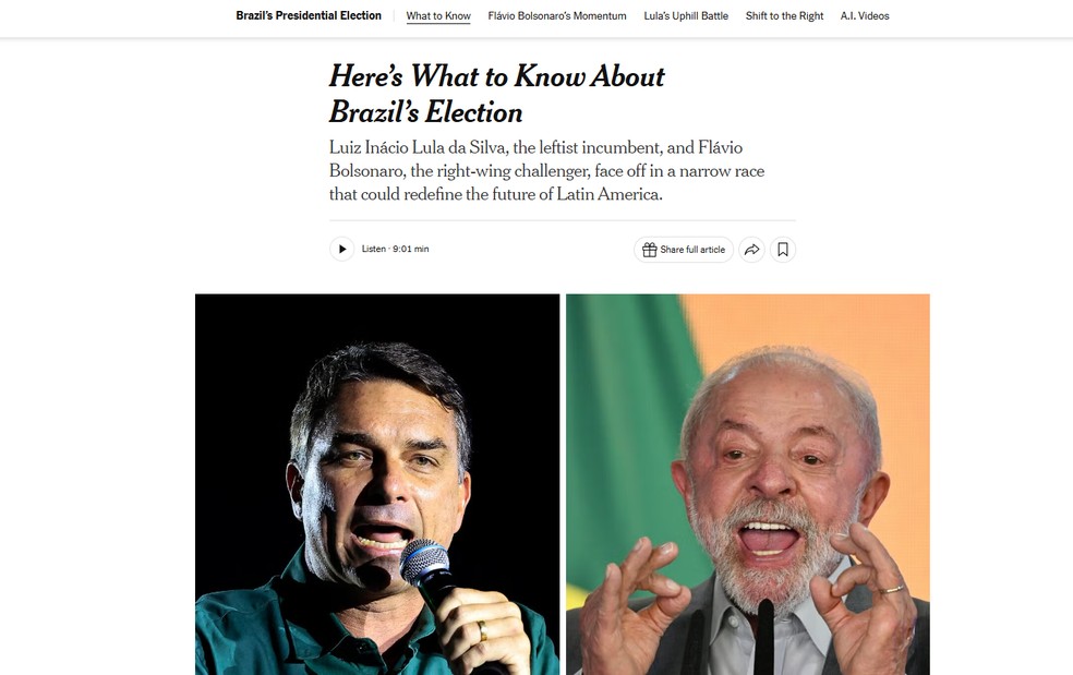 Reportagem do jornal The New York Times, dos Estados Unidos, sobre a votação no 2º turno das eleições presidenciais brasileiras em 25 de outubro de 2026. — Foto: Reprodução/New York Times