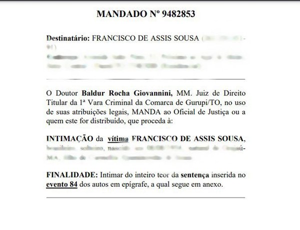 Mandado para intimar a vítima de latrocínio — Foto: Reprodução