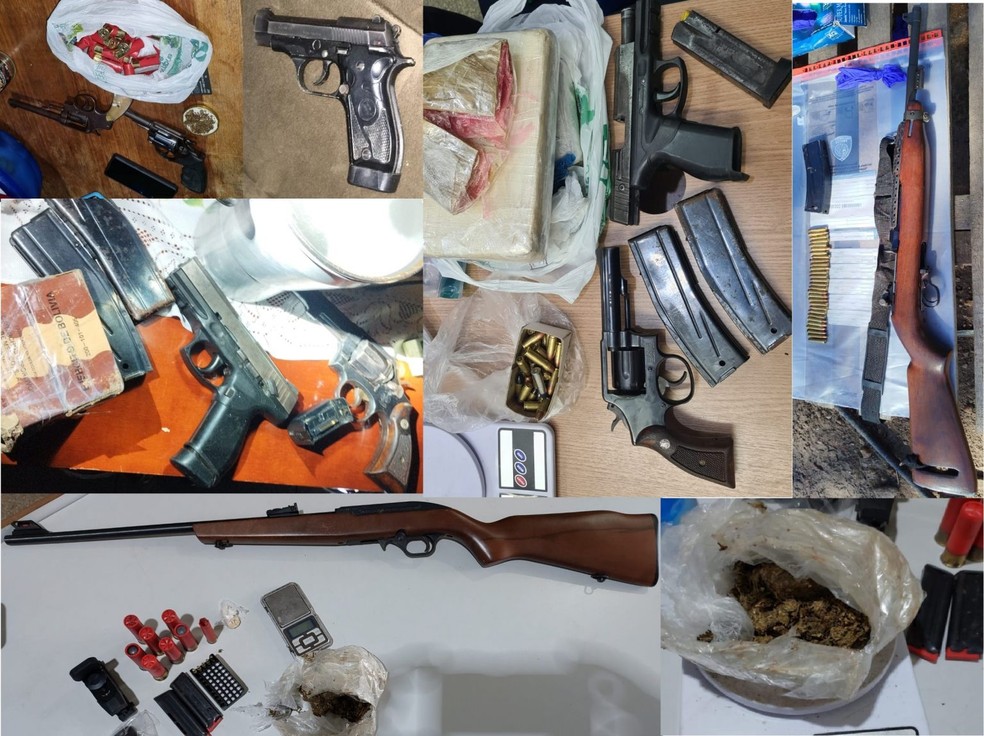 Fuzil, armas, drogas e munições apreendidas durante a ‘Operação  Audere Capitis’ — Foto: Reprodução/ Seção de Comunicação Social do 3°BPM