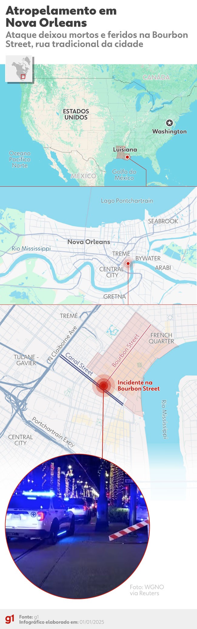 'Carnificina', troca de tiros e explosivos: 
veja o que se sabe sobre atropelamento em Nova Orleans que deixou 15 mortos