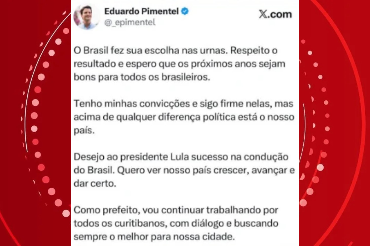 Prefeito de Curitiba, Eduardo Pimentel, se manifesta sobre vitória de Lula: 'O Brasil fez sua escolha nas urnas'