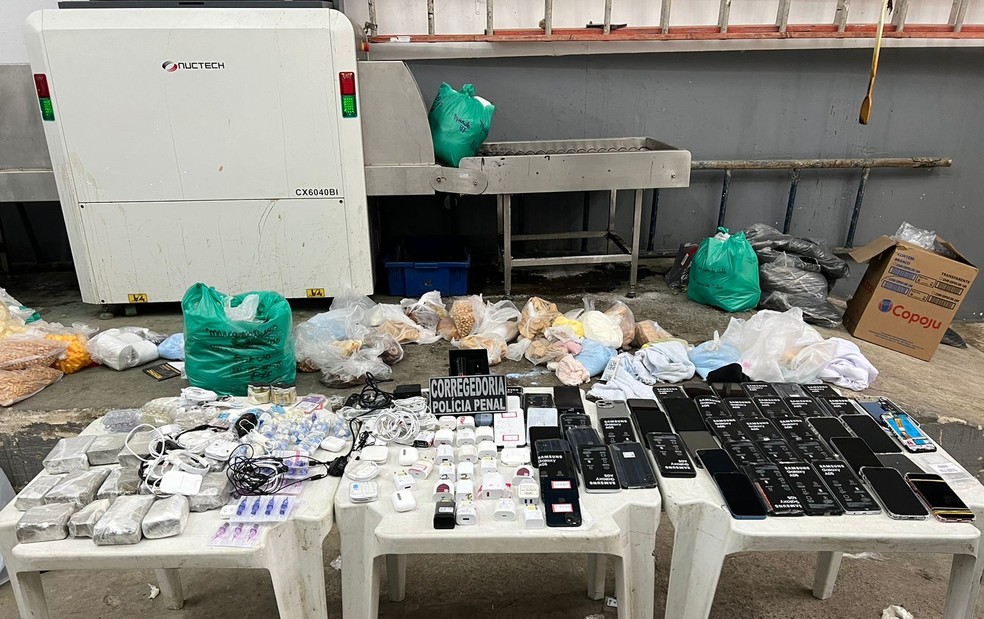 Celulares, drogas e anabolizantes são apreendidos na entrada de penitenciária — Foto: Divulgação Seap