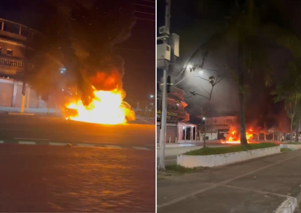 Incêndio atingiu veículo na Avenida Santos Dumont, em Guarujá — Foto: Reprodução/Redes sociais
