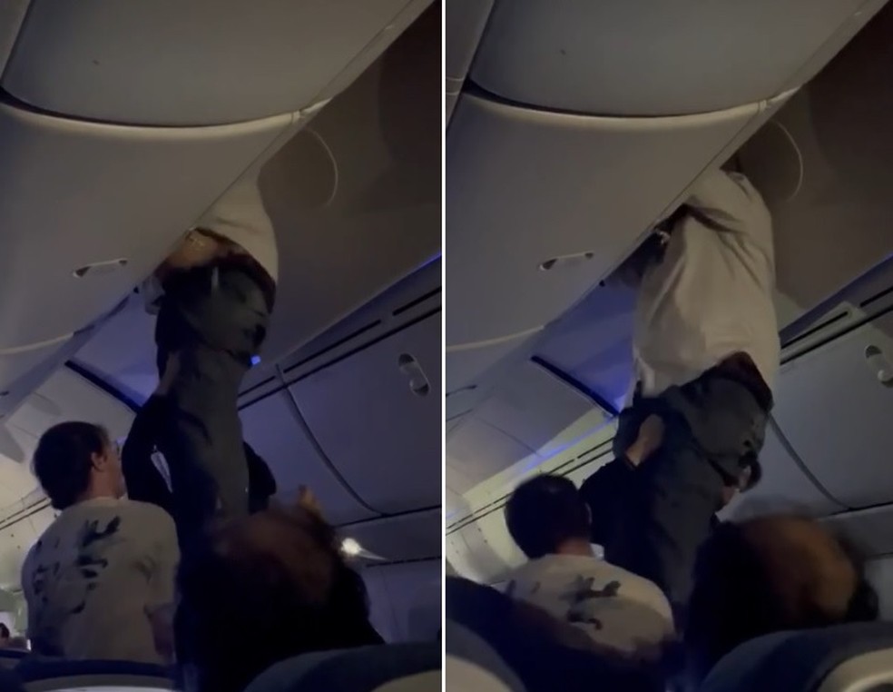 Passageiro foi arremessado para compartimento de bagagens do avião — Foto: Reprodução
