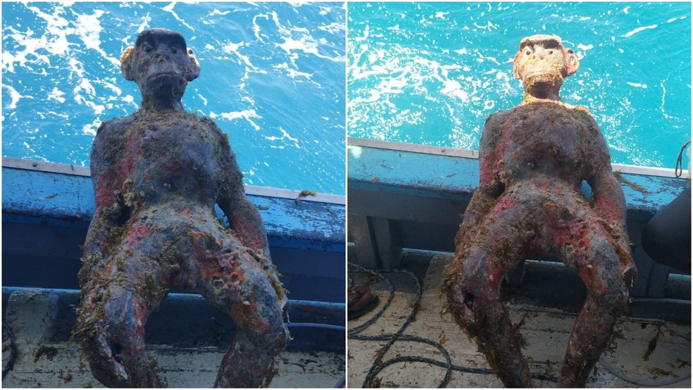 Estátua em formato de macaco foi encontrada no fundo do mar em Fortaleza — Foto: Arquivo Pessoal