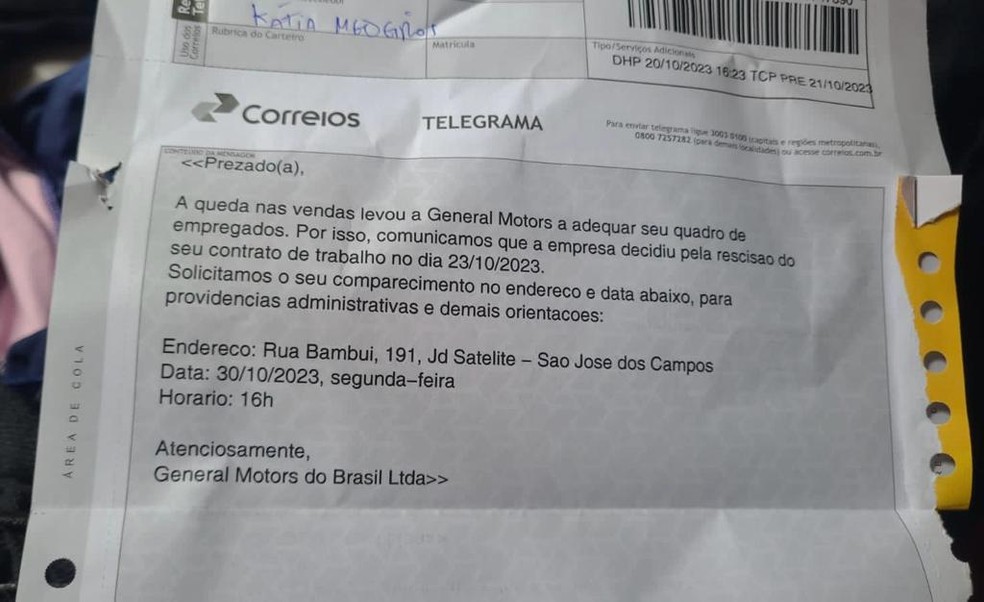 Os funcionários foram comunicados das demissões por meio de telegramas — Foto: Arquivo Pessoal