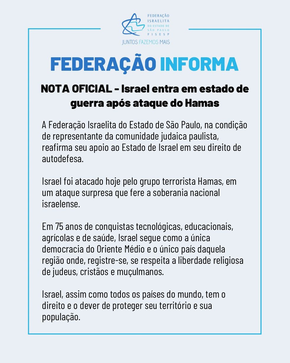 Nota da  Federação Israelita do Estado de São Paulo sobre os ataques do Hamas — Foto: Reprodução