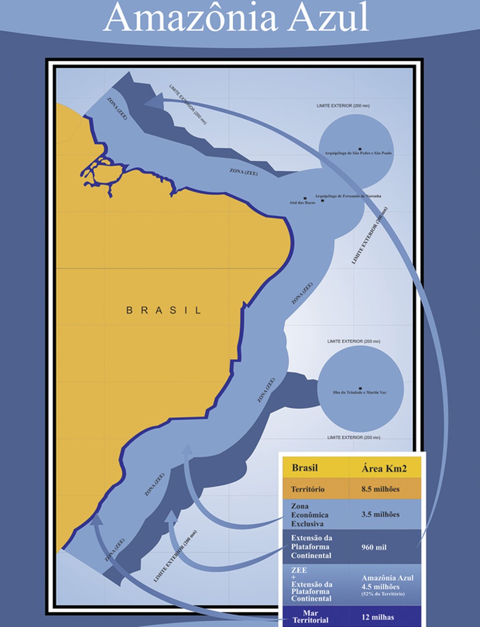 A Marinha chama de "Amazônia Azul" o mar territorial e a zona econômica exclusiva; veja no mapa a extensão da proteção do mar brasileiro — Foto: Marinha/divulgação