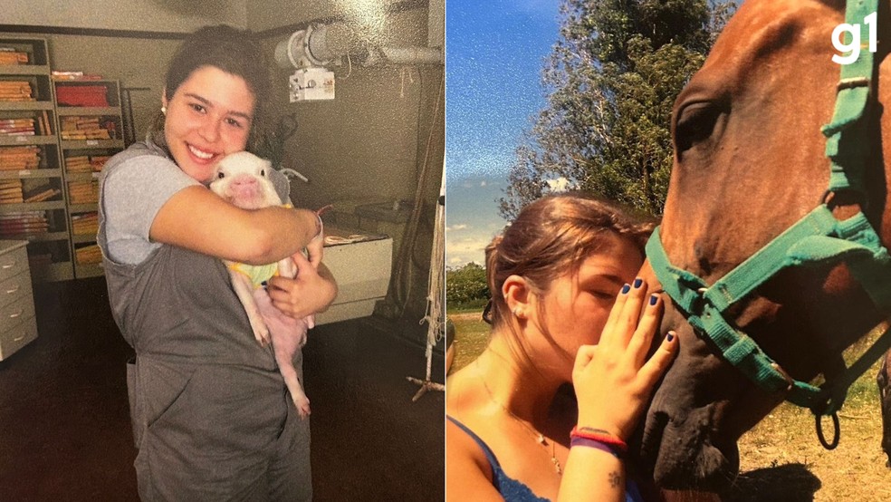Alice de Moraes com um porco e um cavalo — Foto: Reprodução/ Arquivo pessoal