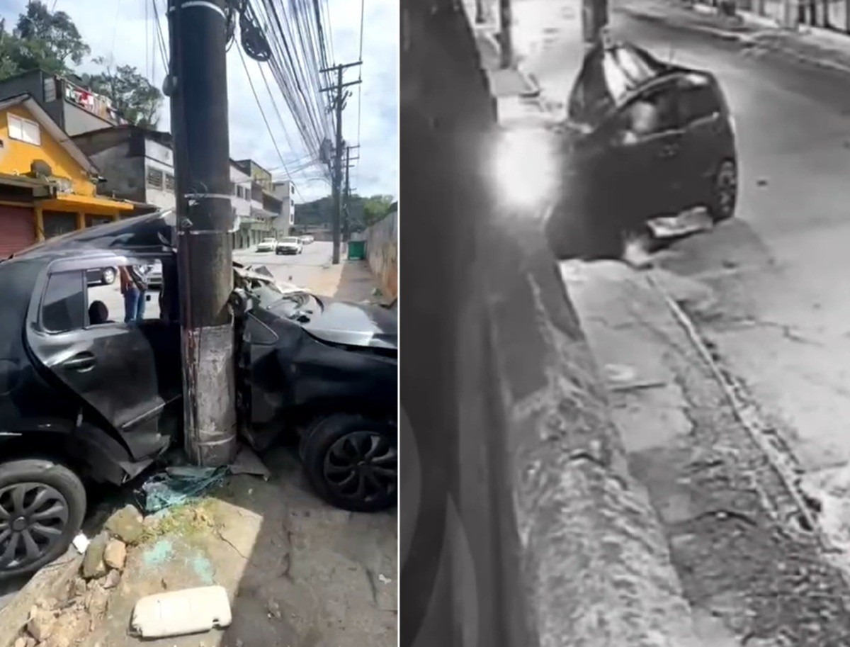 VÍDEO: carro fica destruído após bater em poste na Rua Teresa, em Petrópolis