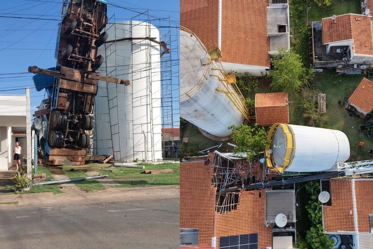 Caminhão guindaste tomba e destrói telhado de casa em Cuiabá