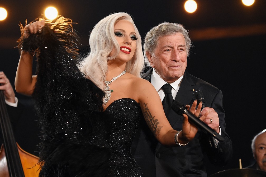 Lady Gaga e Tony Bennett no Grammy 2015 — Foto: Larry Busacca/Getty Images North America/Getty Images Via AFP/Arquivo