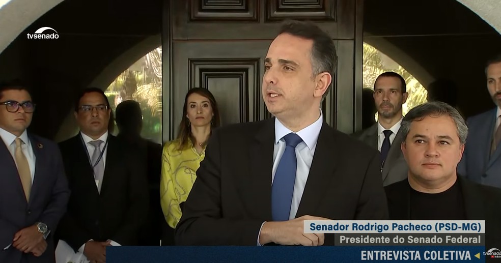 Presidente do Senado, Rodrigo Pacheco, em entrevista coletiva sobre desoneração da folha de pagamentos — Foto: TV Senado/Reprodução