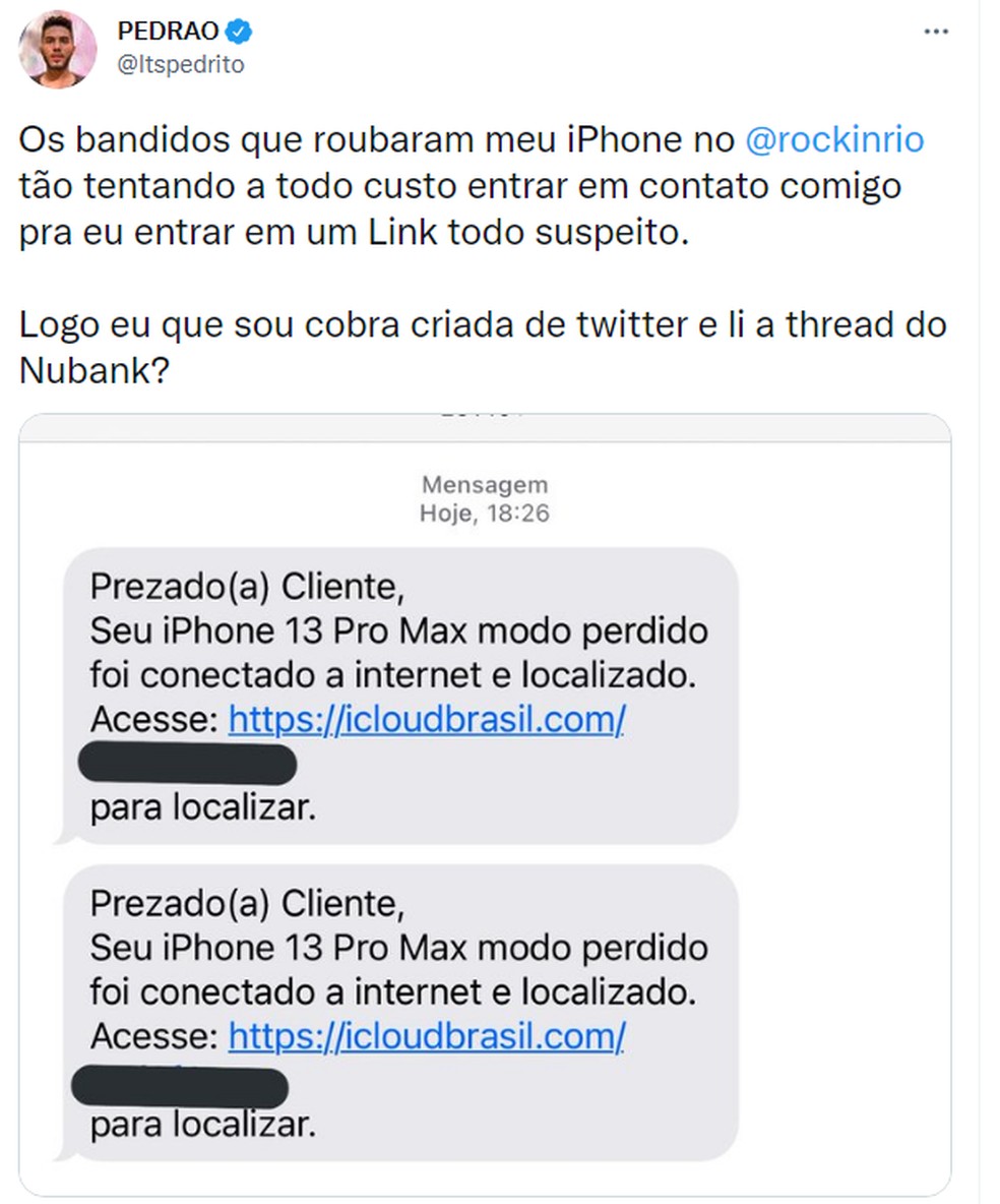 Influenciador teve celular furtado no Rock in Rio e recebeu link falso para localizá-lo  — Foto: Reprodução/Twitter