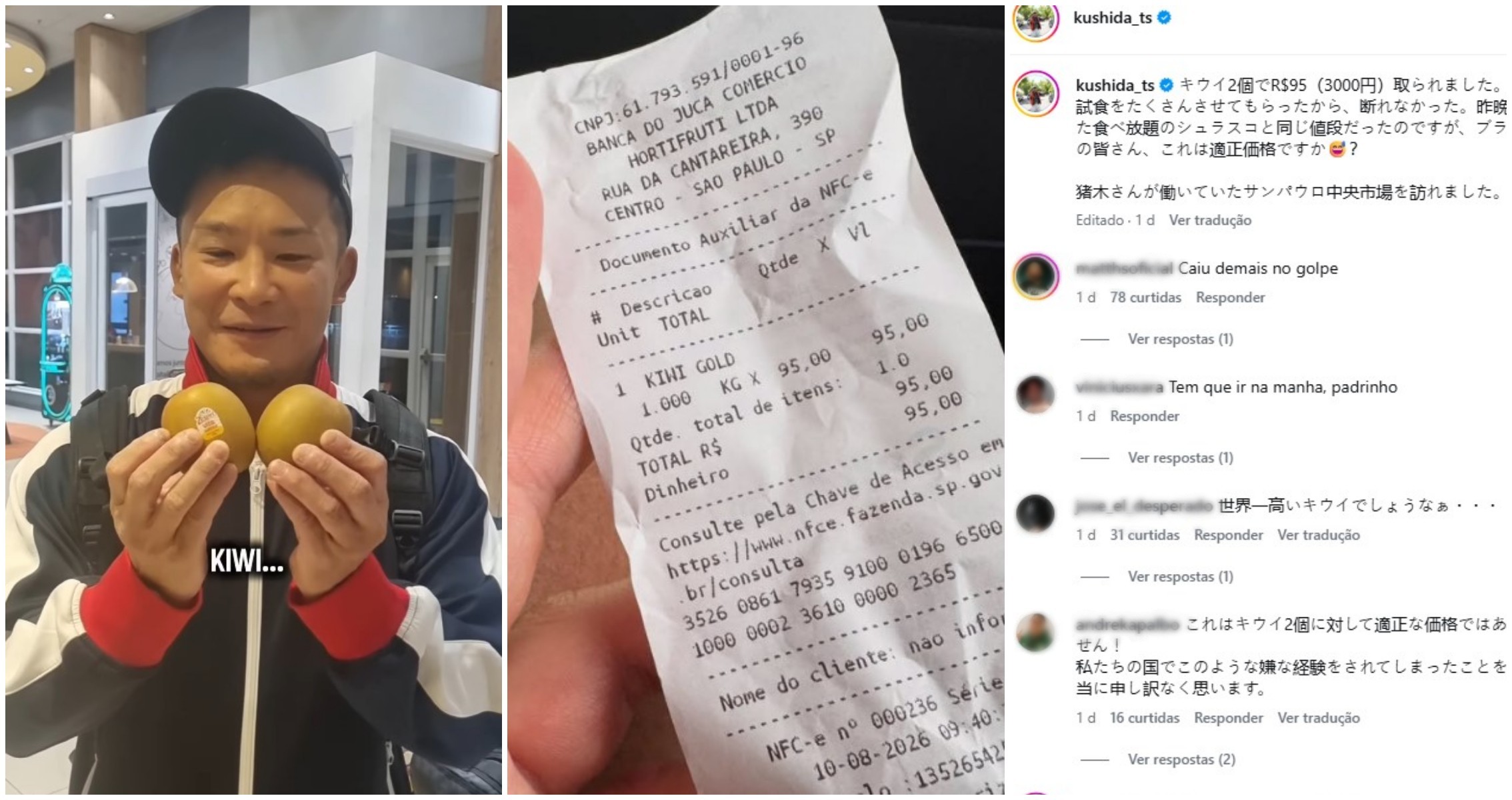 'Dois kiwis por R$ 95': lutador japonês se surpreende com preço no Mercadão e internautas citam 'golpe da fruta'