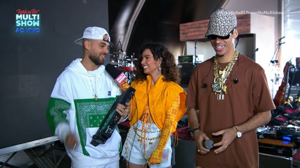 Papatinho, Laura Vicente e L7nnon no segundo dia de Rock in Rio 2022 — Foto: Reprodução/Globoplay