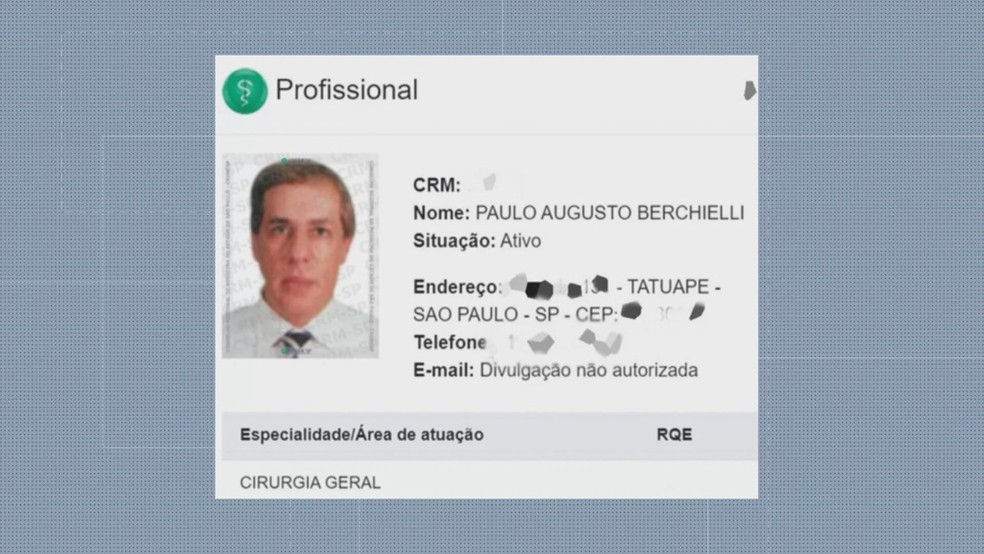 Registro no Cremesp do médico Paulo Augusto Berchielli, de 63 anos, procurado pela Polícia Civil de SP — Foto: Reprodução/TV Globo