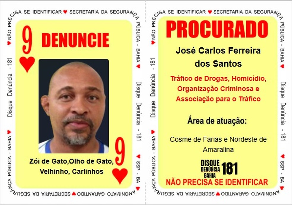 José Carlos Ferreira dos Santos, conhecido “Zói de Gato”, foi incluído na lista de homens mais procurados da Bahia — Foto: SSP