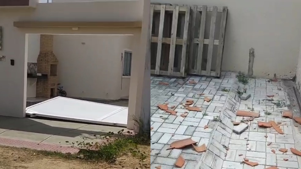Forte ventania derruba portões, arranca telhas e danifica cerca elétrica de casas em Sobral, no Ceará. — Foto: Reprodução
