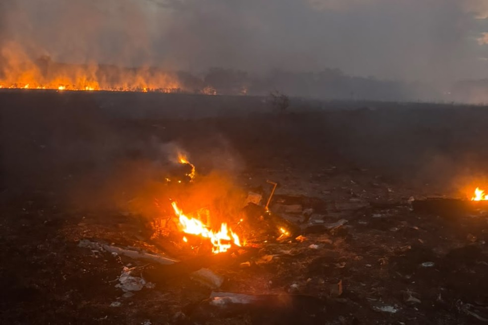 Queda de avião que deixou dois mortos provocou incêndio em pastagem em MT — Foto: Reprodução