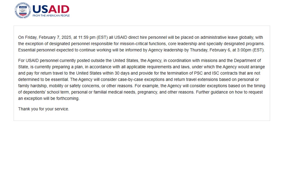 Site da USAID volta ao ar com nota de despedida em 5 de fevereiro de 2025. — Foto: Reprodução