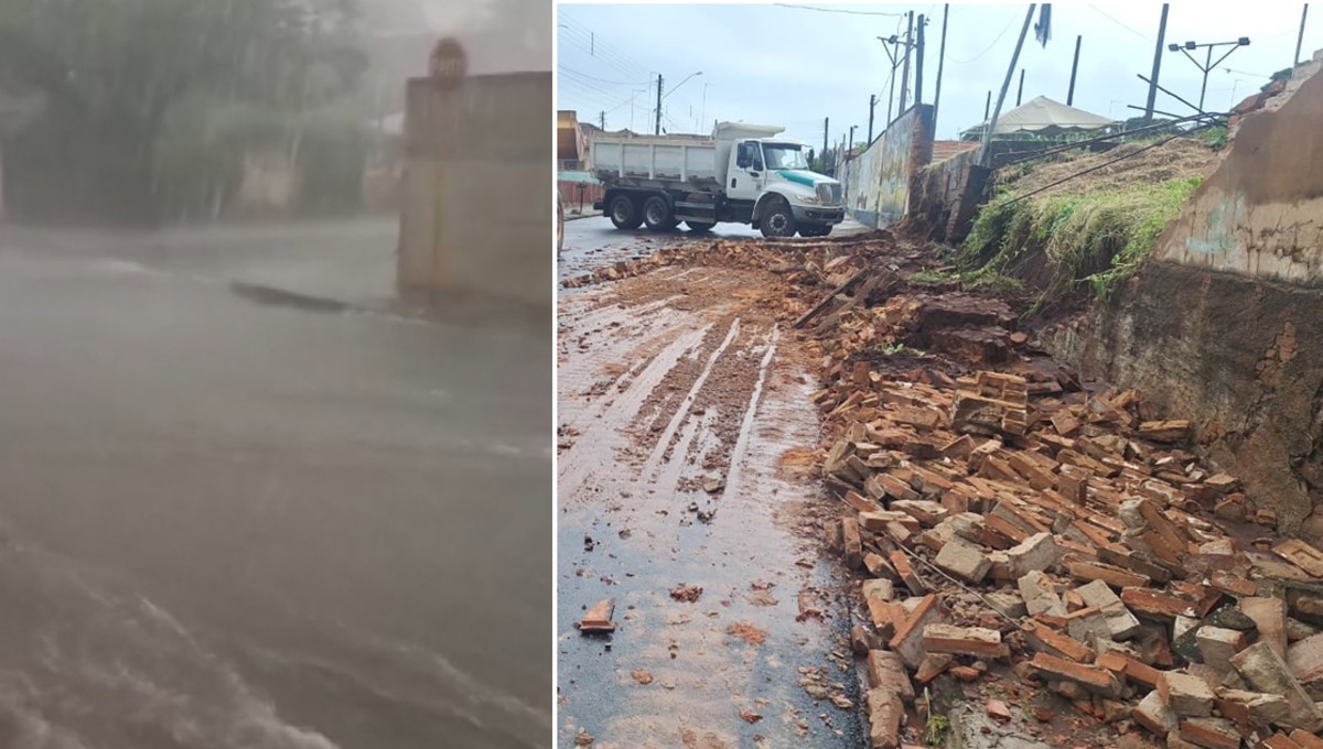 VÍDEO: chuva forte derruba muro, danifica calçadas e alaga ruas em cidade do interior de SP