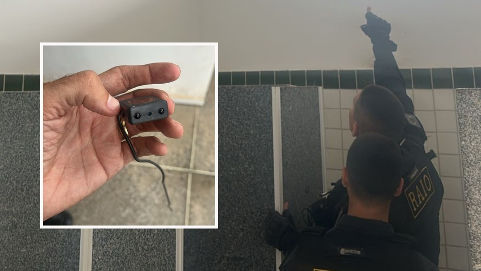 Policiais retiram microcâmera escondida no banheiro feminino de rodoviária em Novo Oriente, interior do Ceará — Foto: Divulgação