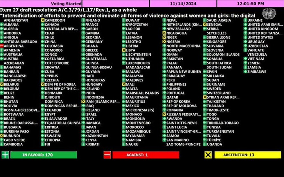 Argentina é o único país a votar contra resolução na ONU pelo fim da violência contra mulheres e meninas — Foto: Reprodução/Redes Sociais