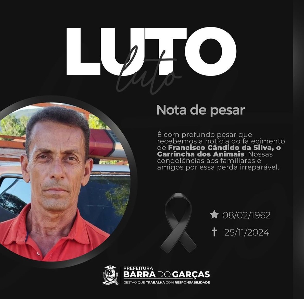 Nota de pesar da Prefeitura de Barra do Garças — Foto: Prefeitura de Barra do Garças