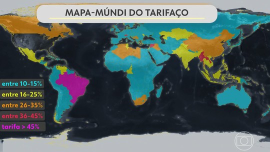 Mapa do tarifaço: veja países mais e menos afetados com taxas dos EUA - Brasil lidera com tarifa de até 50%; Síria, Suíça e Canadá também estão entre os mais afetados em nova rodada de medidas comerciais dos EUA. Taxas passam a valer em 7 de agosto.