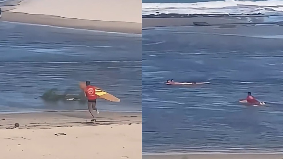 Pai e filho são resgatados de afogamento em praia de Fortaleza. — Foto: Corpo de Bombeiros do Ceará/Reprodução